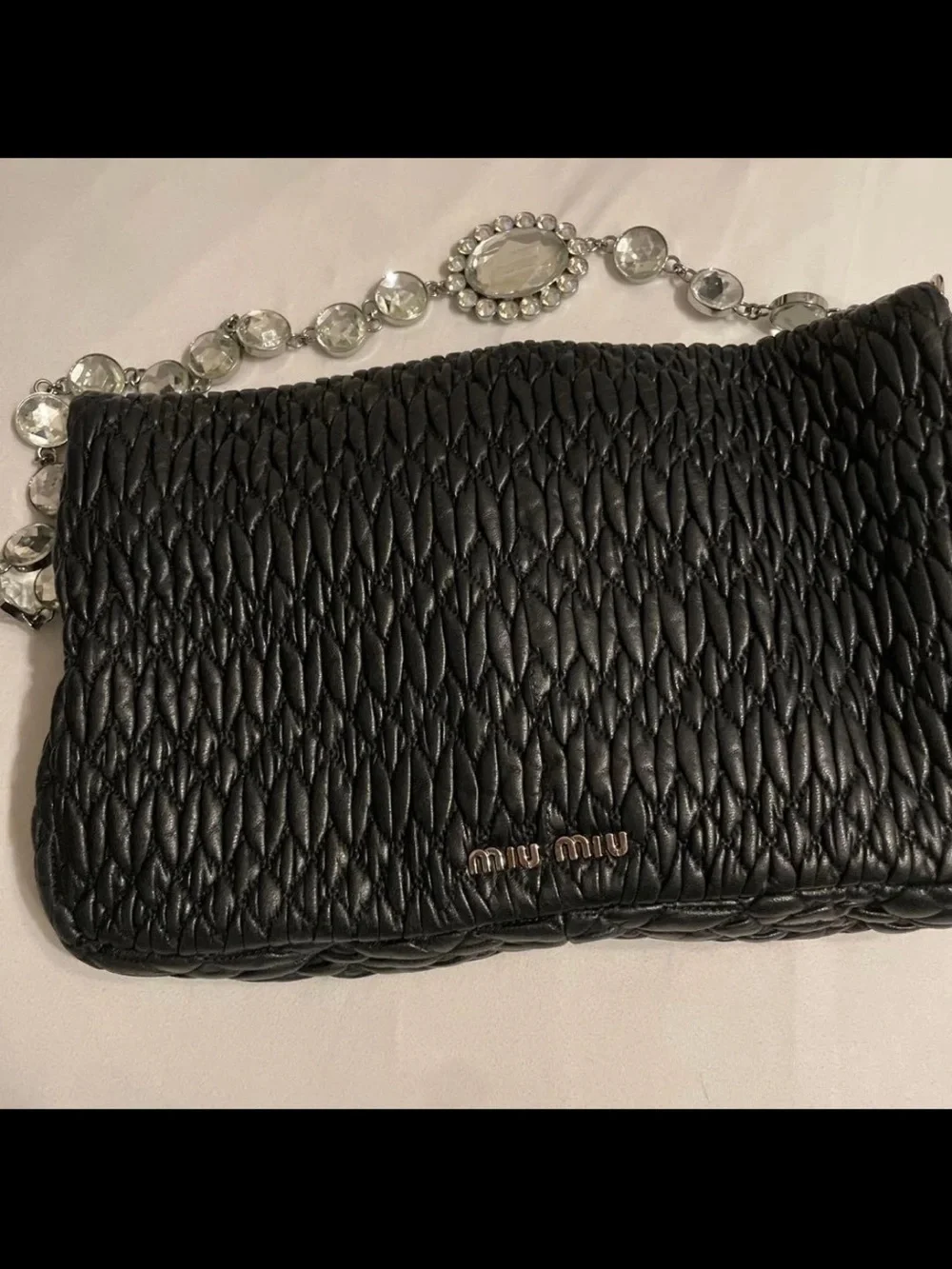 Miu Miu Black Quilted Leather Shoulder Bag with Crystal-Strap